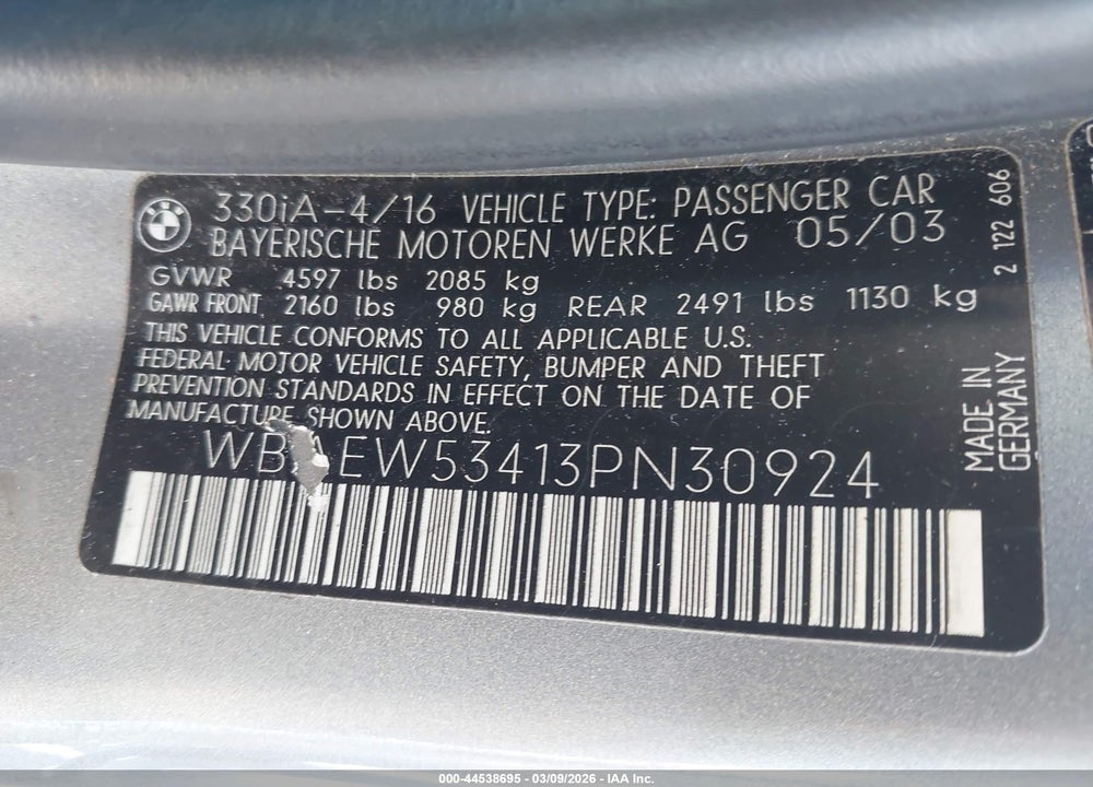 2003 BMW 330XI VIN: WBAEW53413PN30924