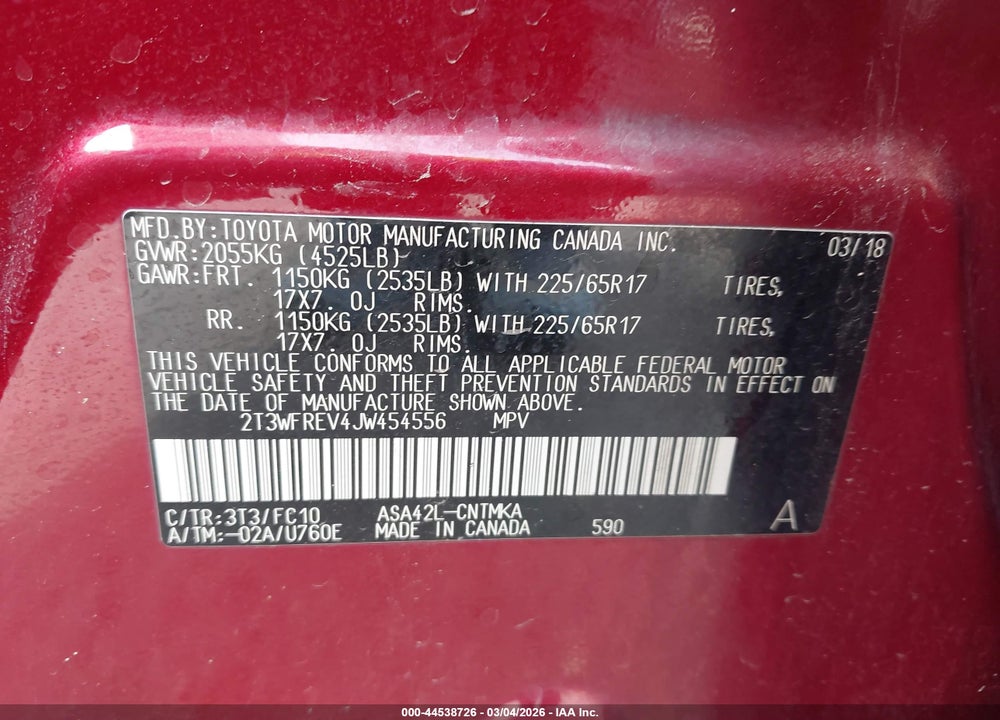 2018 TOYOTA RAV4 XLE VIN: 2T3WFREV4JW454556