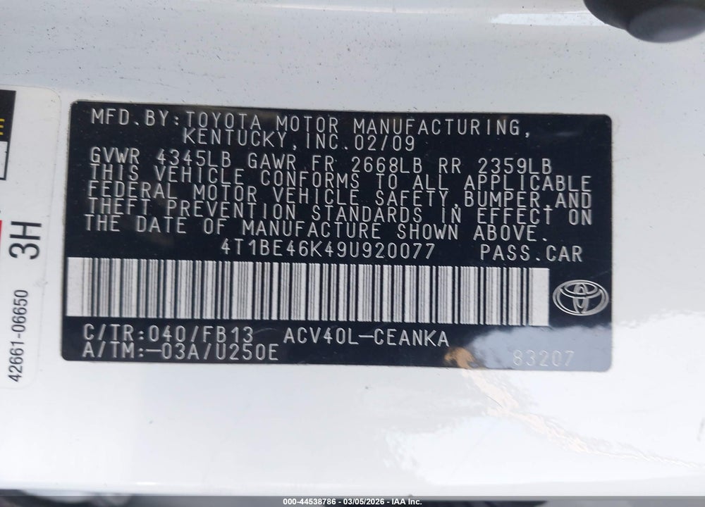 2009 TOYOTA CAMRY LE VIN: 4T1BE46K49U920077