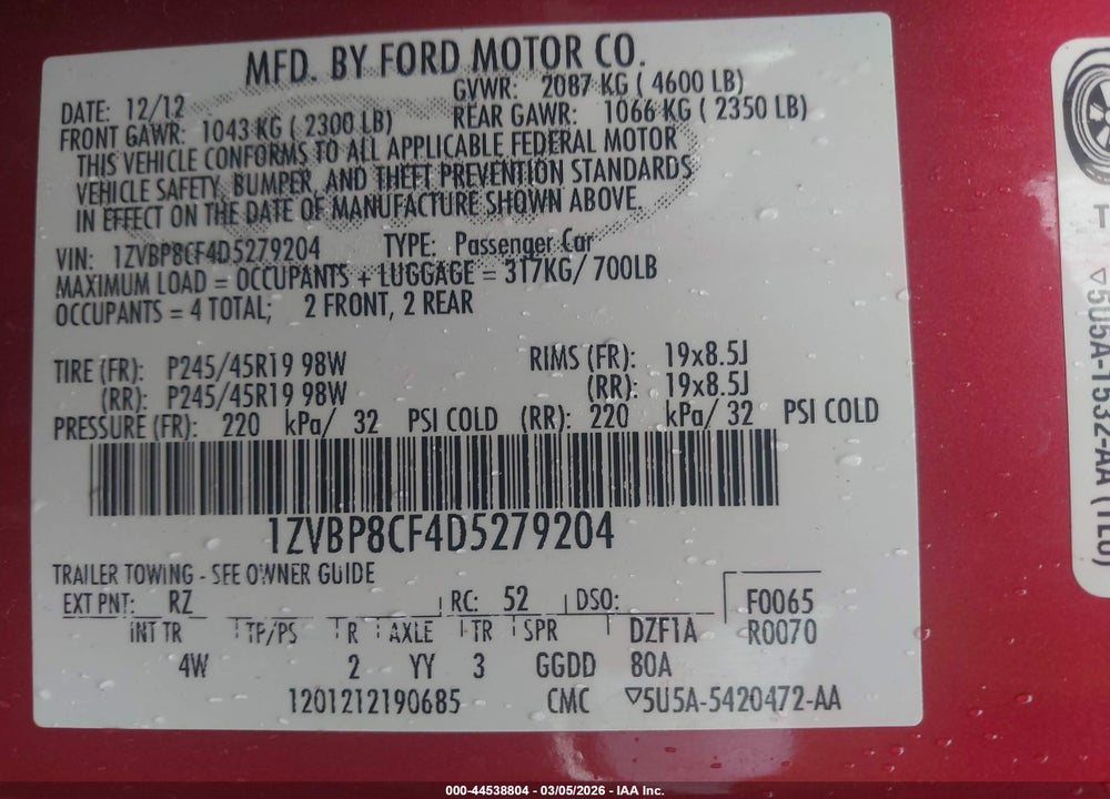 2013 FORD MUSTANG GT PREMIUM VIN: 1ZVBP8CF4D5279204