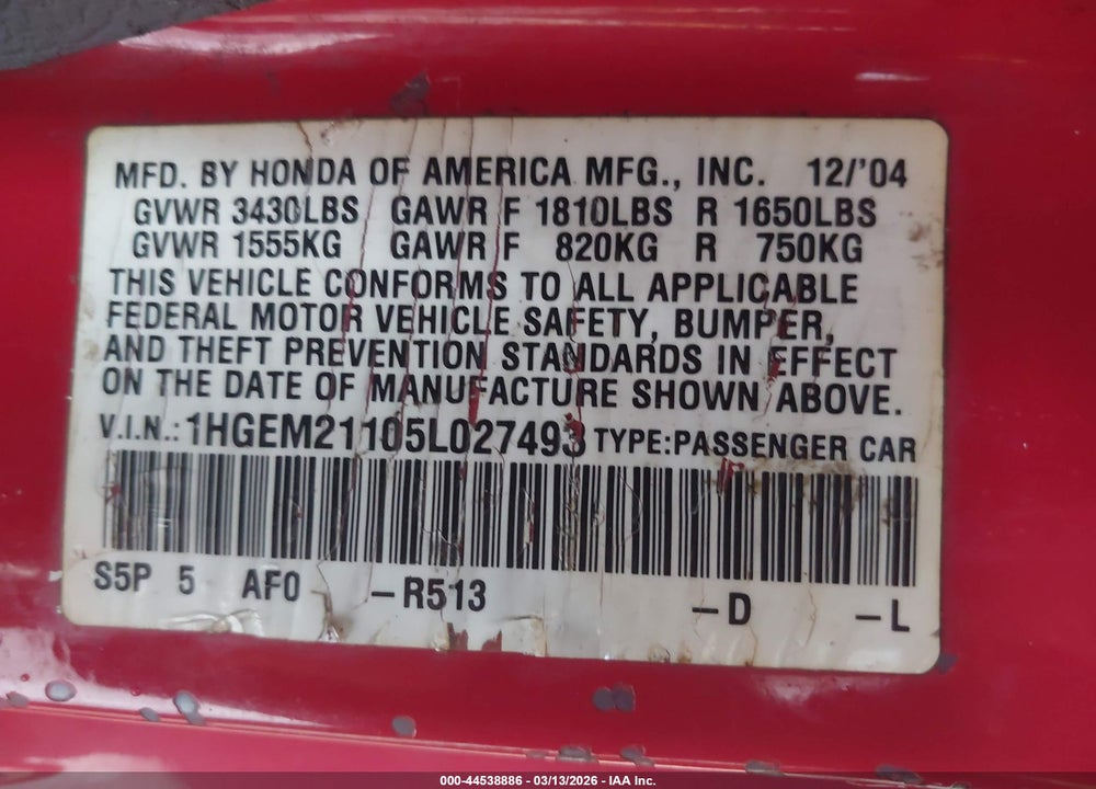 2005 HONDA CIVIC VP VIN: 1HGEM21105L027493