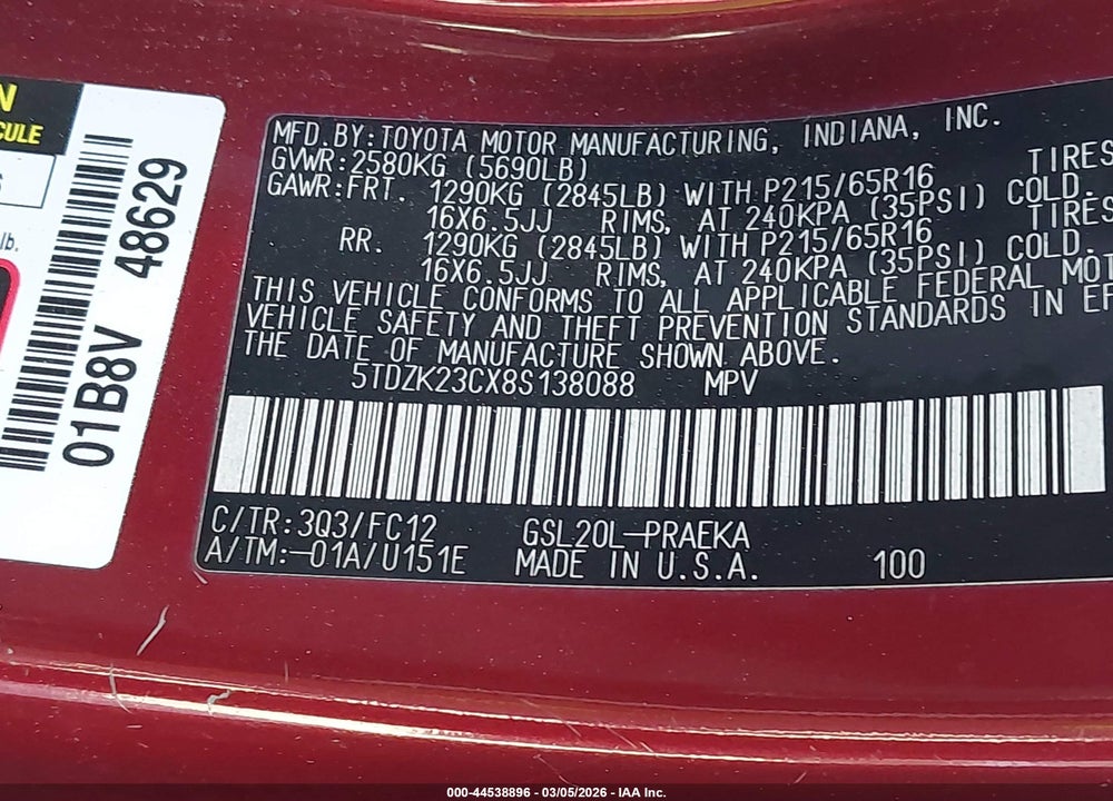 2008 TOYOTA SIENNA LE VIN: 5TDZK23CX8S138088