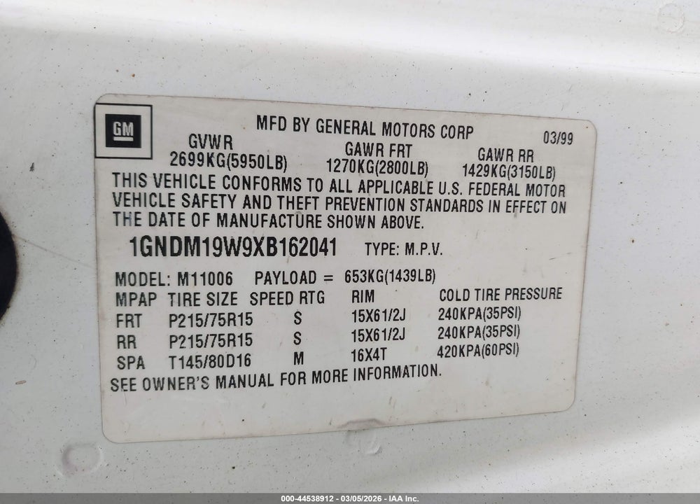 1999 CHEVROLET ASTRO VIN: 1GNDM19W9XB162041