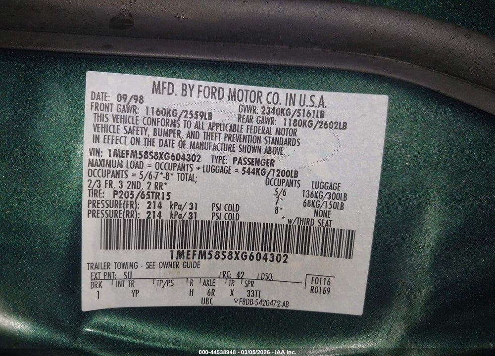 1999 MERCURY SABLE LS VIN: 1MEFM58S8XG604302