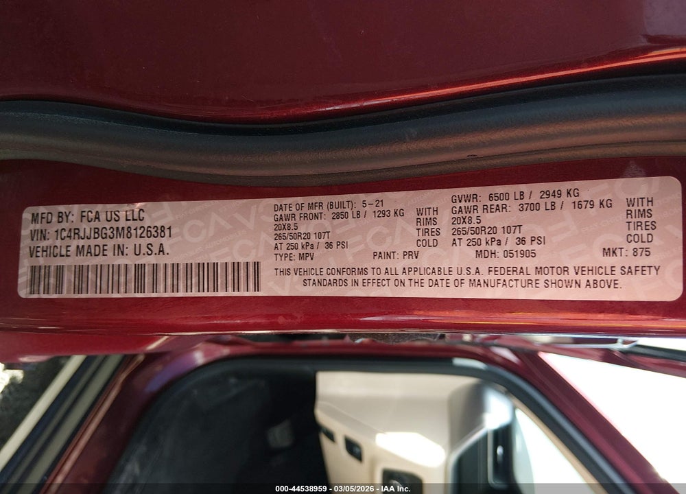 2021 JEEP GRAND CHEROKEE L LIMITED 4X2 VIN: 1C4RJJBG3M8126381