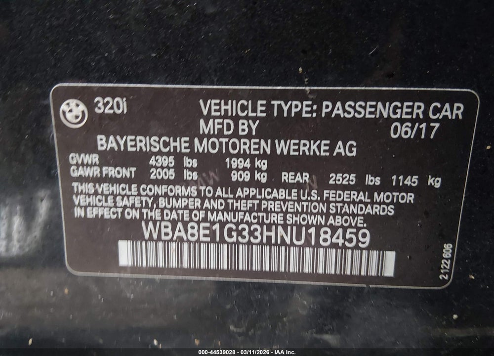 2017 BMW 320I VIN: WBA8E1G33HNU18459