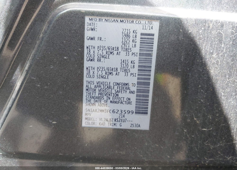 2015 NISSAN PATHFINDER S VIN: 5N1AR2MM3FC623599