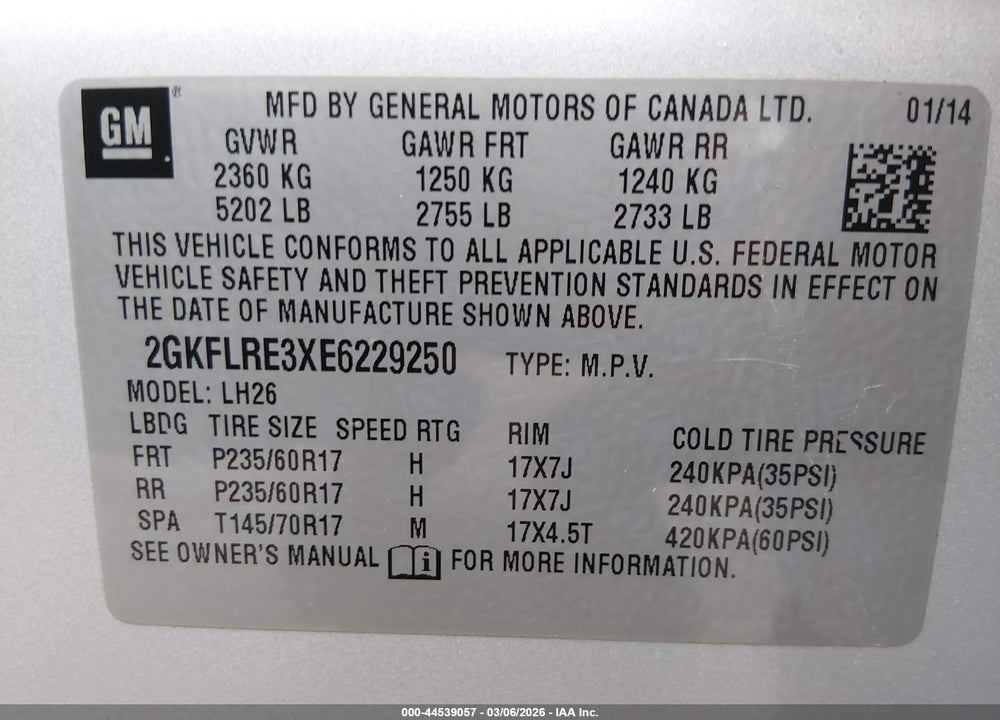2014 GMC TERRAIN SLE-2 VIN: 2GKFLRE3XE6229250