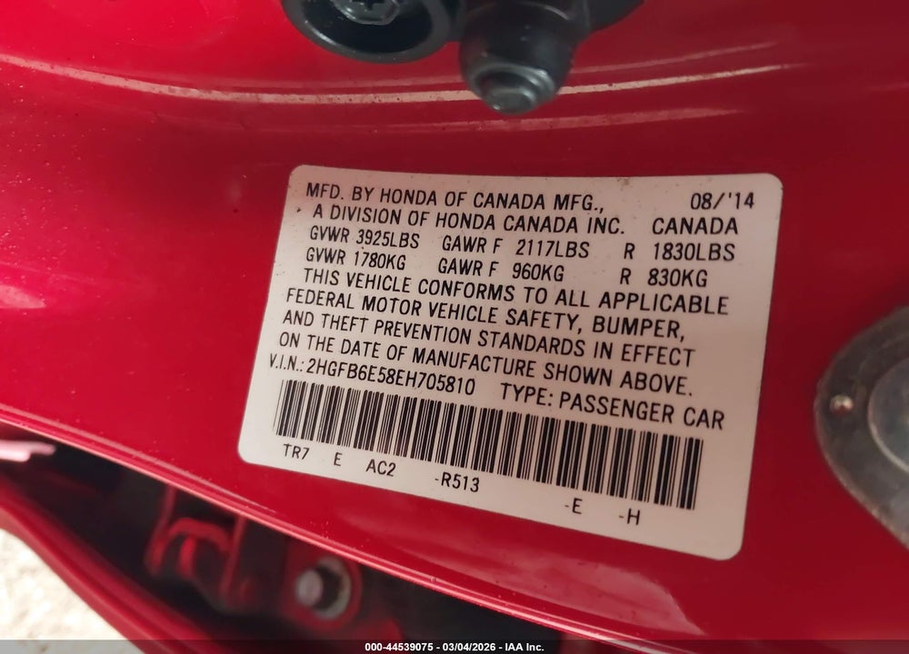 2014 HONDA CIVIC SI VIN: 2HGFB6E58EH705810