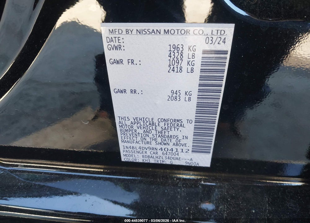 2024 NISSAN ALTIMA SV FWD VIN: 1N4BL4DV9RN404112
