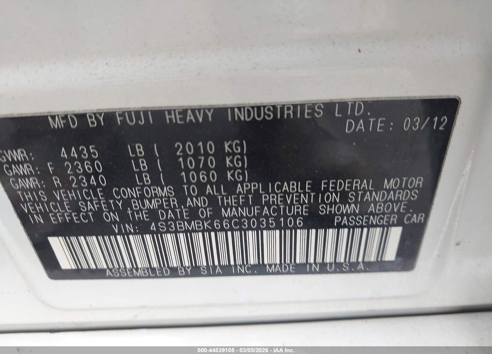 2012 SUBARU LEGACY 2.5I LIMITED VIN: 4S3BMBK66C3035106