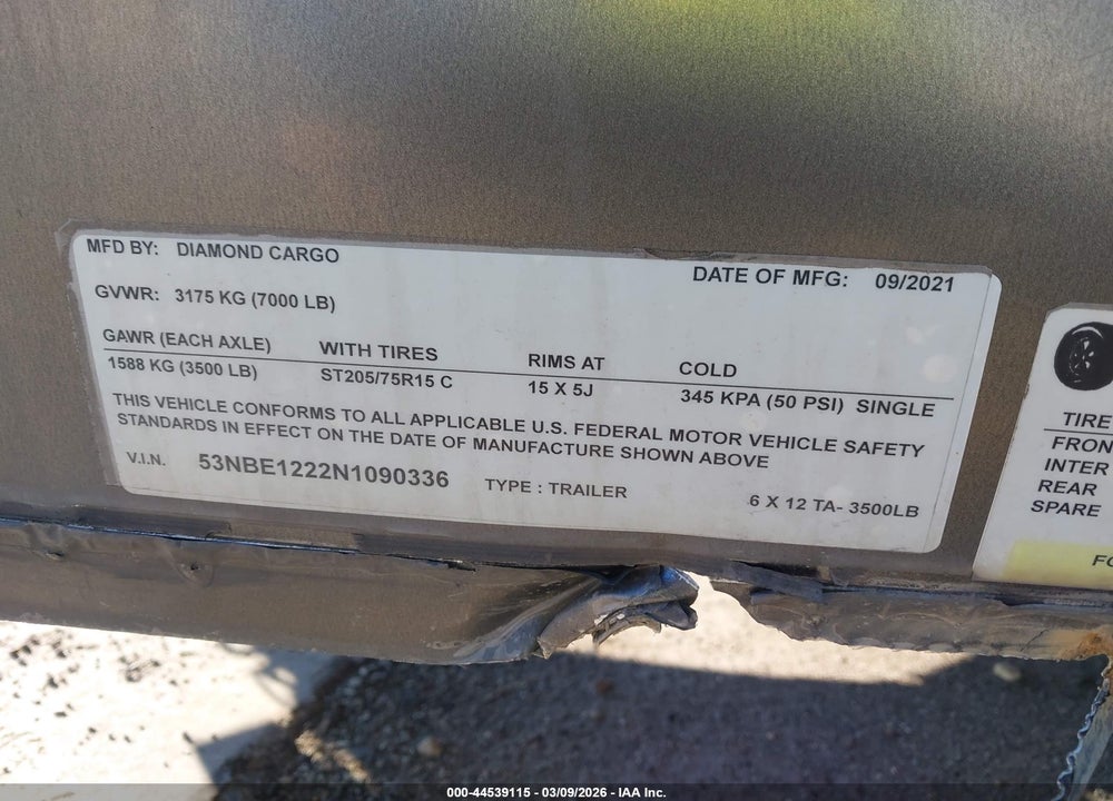 2022 DIAMOND TRAILER VIN: 53NBE1222N1090336