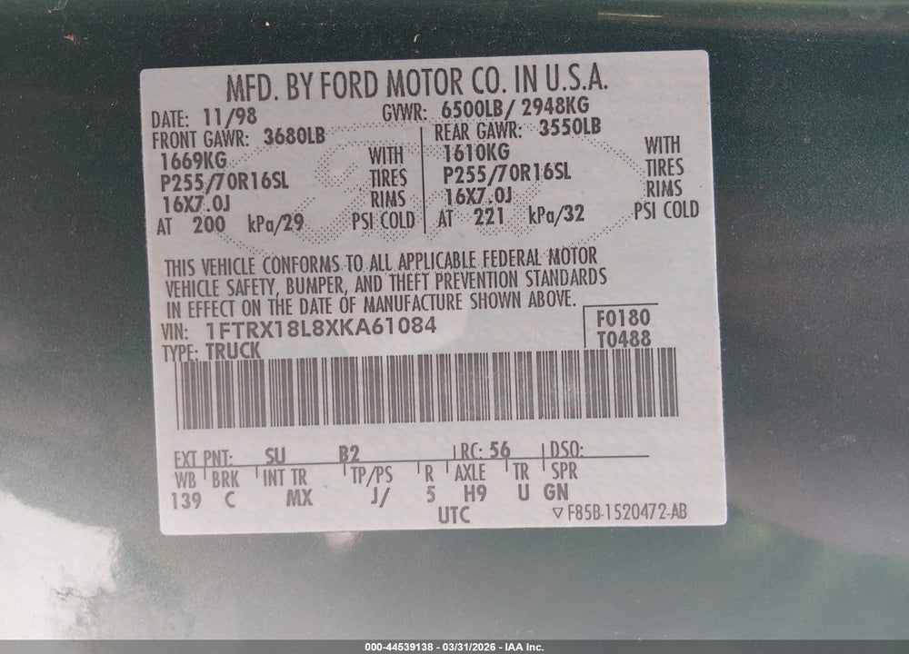 1999 FORD F-150 LARIAT/XL/XLT VIN: 1FTRX18L8XKA61084