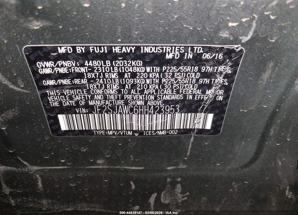 2017 SUBARU FORESTER 2.5I TOURING VIN: JF2SJAWC6HH423953