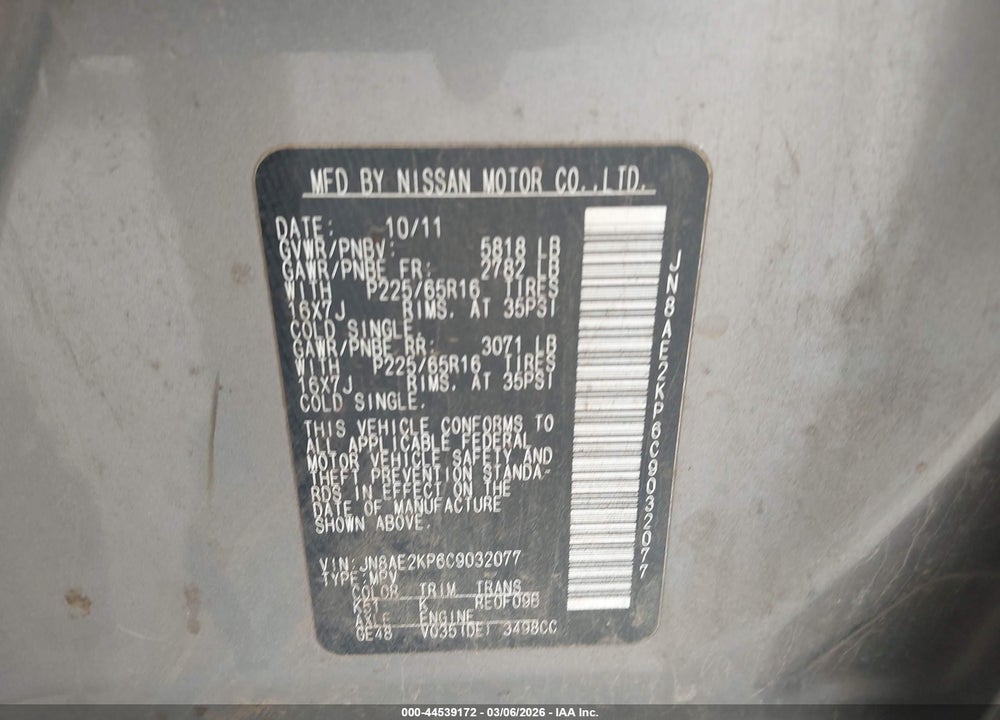 2012 NISSAN QUEST SV VIN: JN8AE2KP6C9032077