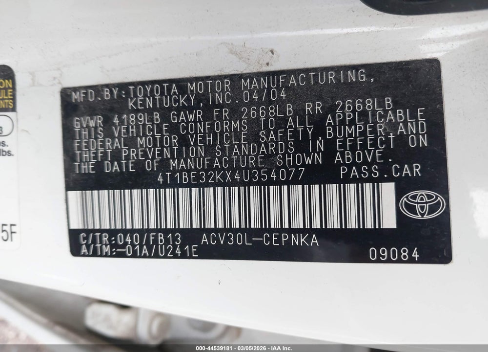 2004 TOYOTA CAMRY LE VIN: 4T1BE32KX4U354077