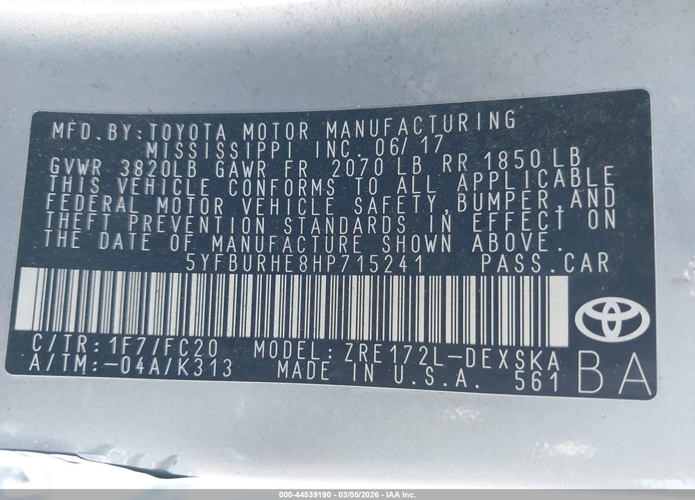2017 TOYOTA COROLLA SE VIN: 5YFBURHE8HP715241