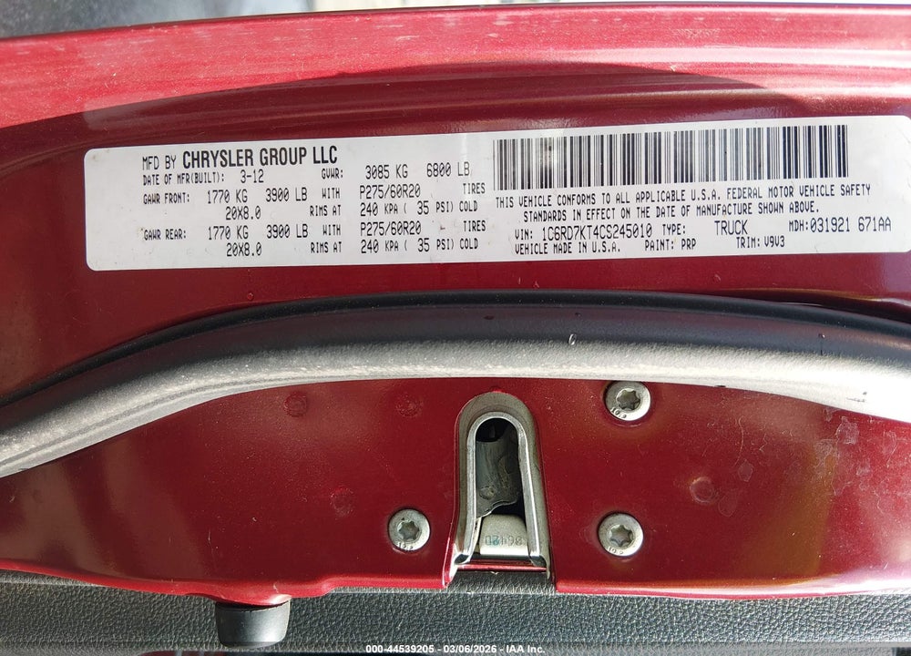 2012 RAM 1500 ST VIN: 1C6RD7KT4CS245010