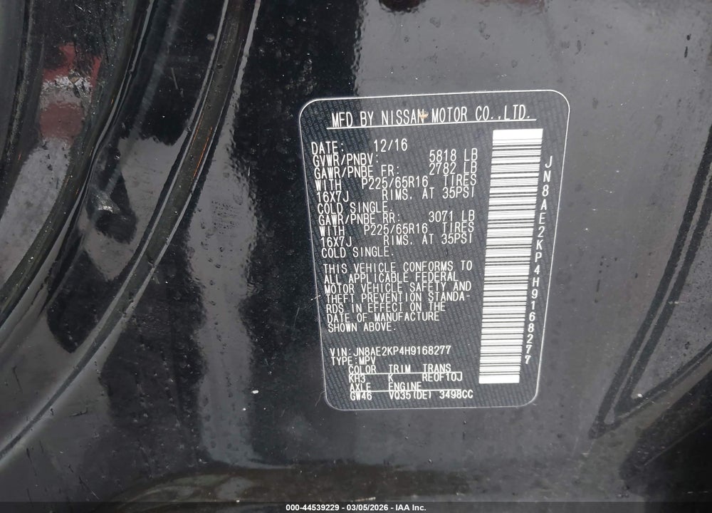 2017 NISSAN QUEST SV VIN: JN8AE2KP4H9168277