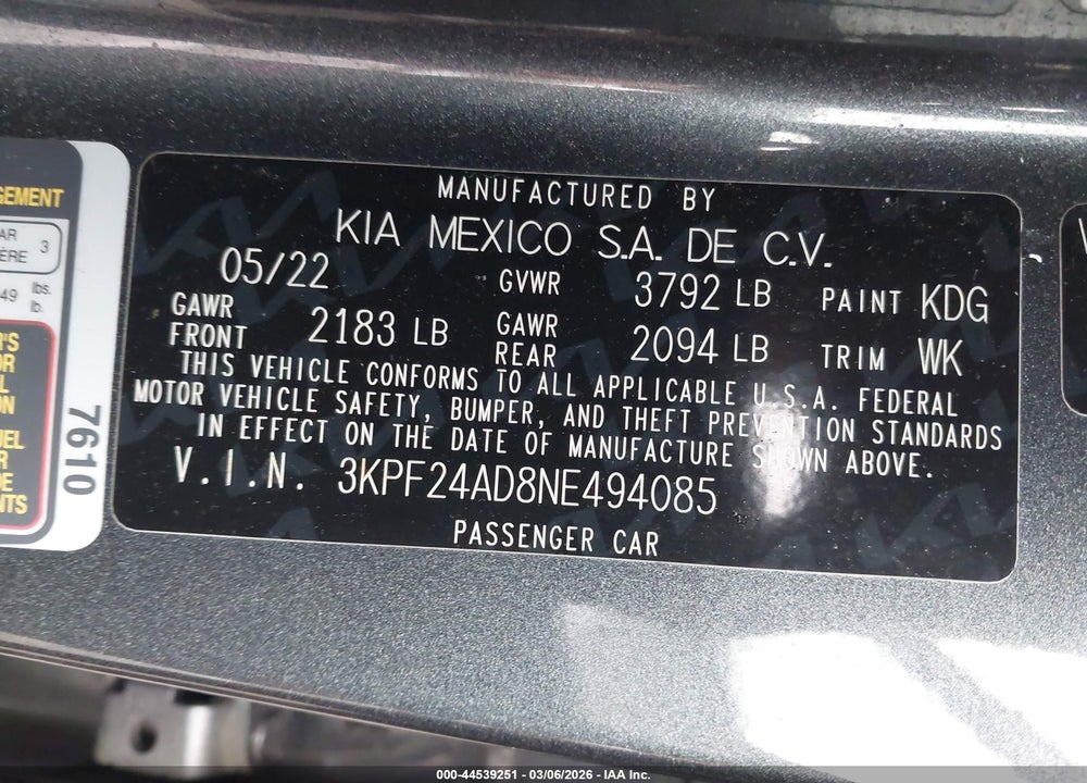 2022 KIA FORTE LXS VIN: 3KPF24AD8NE494085