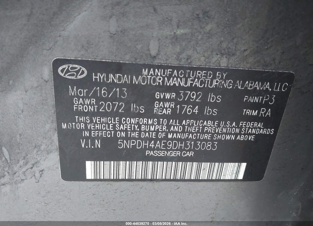 2013 HYUNDAI ELANTRA GLS VIN: 5NPDH4AE9DH313083
