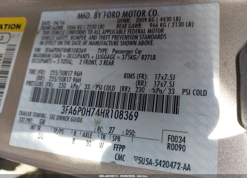 2017 FORD FUSION SE VIN: 3FA6P0H74HR108369
