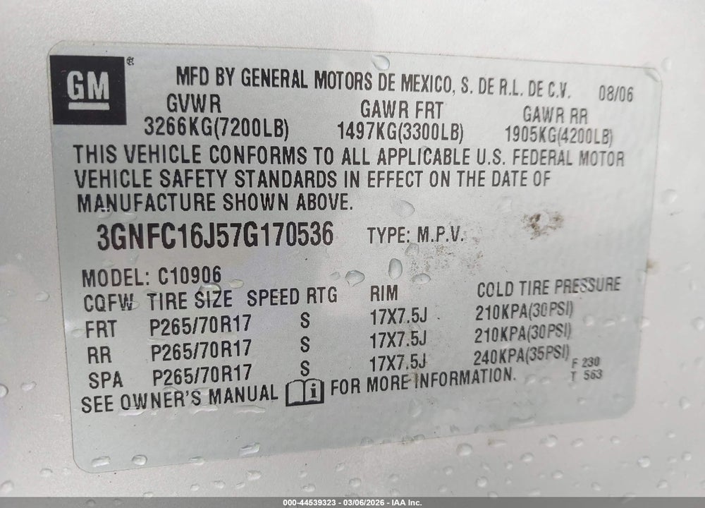 2007 CHEVROLET SUBURBAN 1500 LT VIN: 3GNFC16J57G170536
