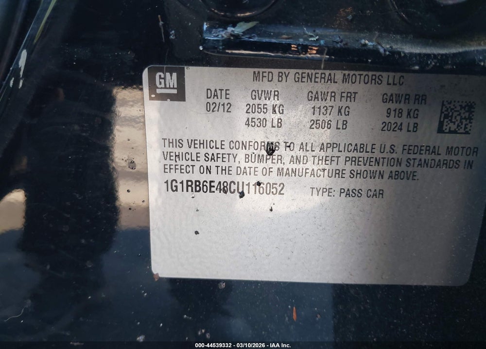 2012 CHEVROLET VOLT VIN: 1G1RB6E48CU116052
