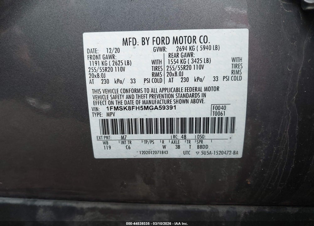 2021 FORD EXPLORER LIMITED VIN: 1FMSK8FH5MGA59391