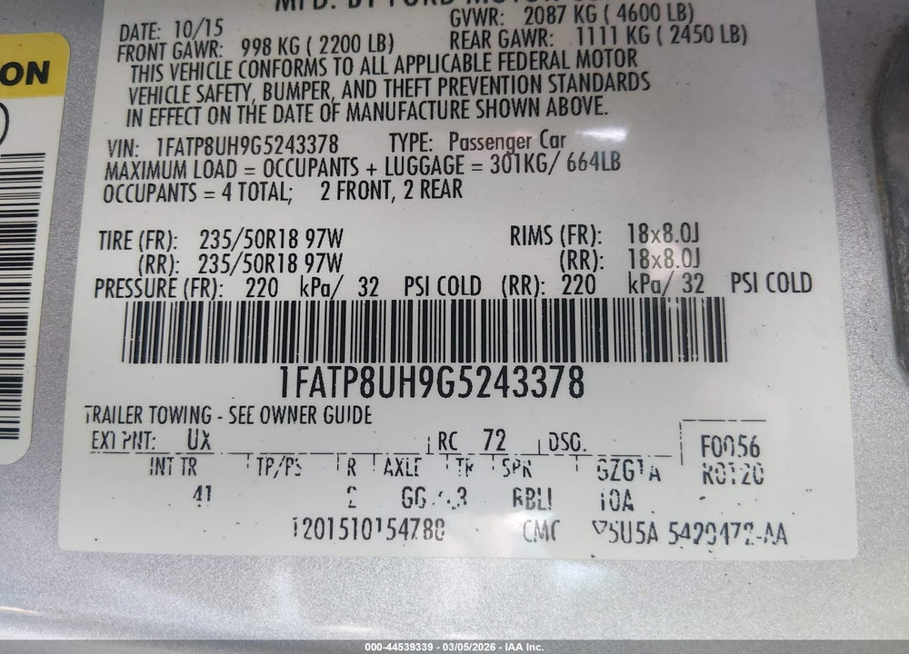 2016 FORD MUSTANG ECOBOOST PREMIUM VIN: 1FATP8UH9G5243378