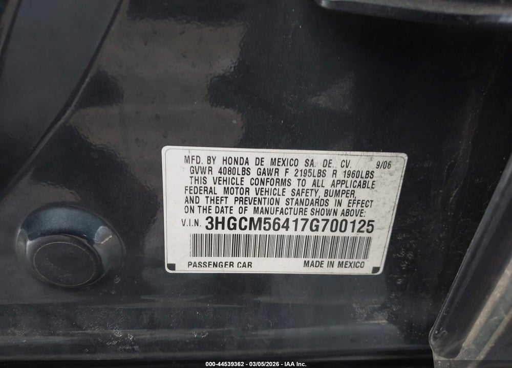 2007 HONDA ACCORD 2.4 LX VIN: 3HGCM56417G700125