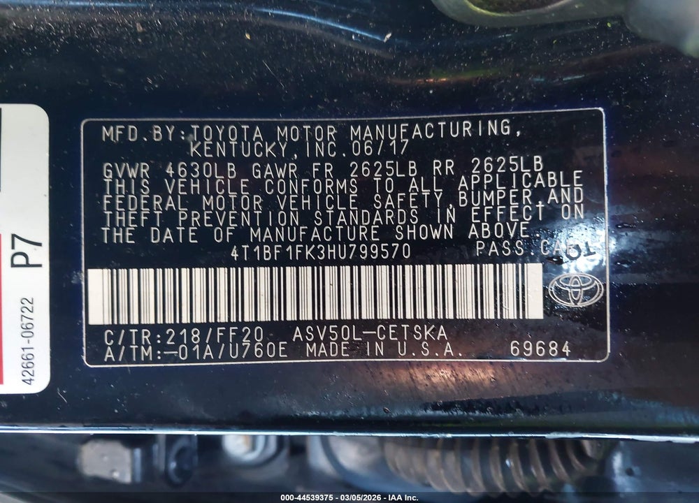 2017 TOYOTA CAMRY SE VIN: 4T1BF1FK3HU799570