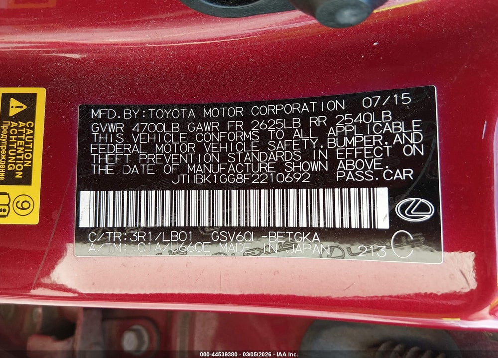 2015 LEXUS ES 350 VIN: JTHBK1GG8F2210692
