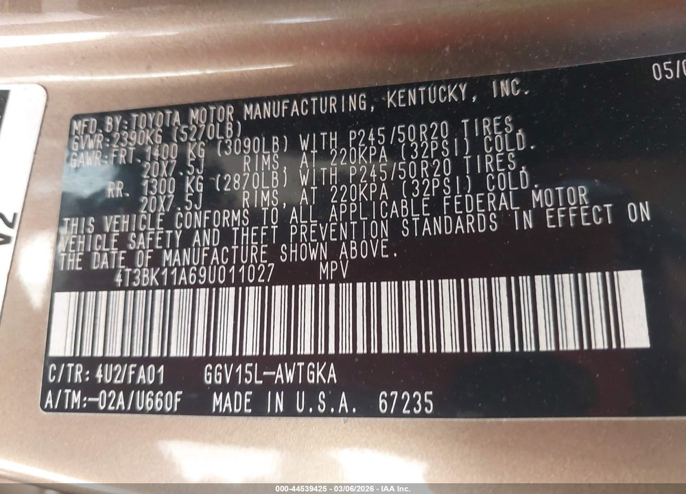 2009 TOYOTA VENZA BASE V6 VIN: 4T3BK11A69U011027