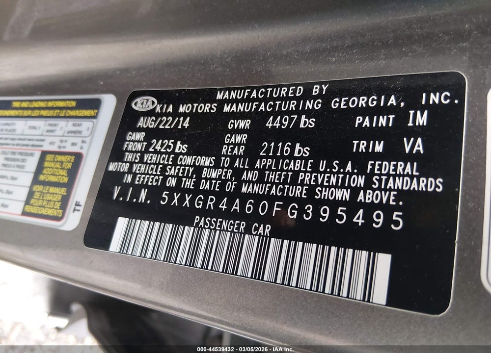 2015 KIA OPTIMA SXL TURBO VIN: 5XXGR4A60FG395495