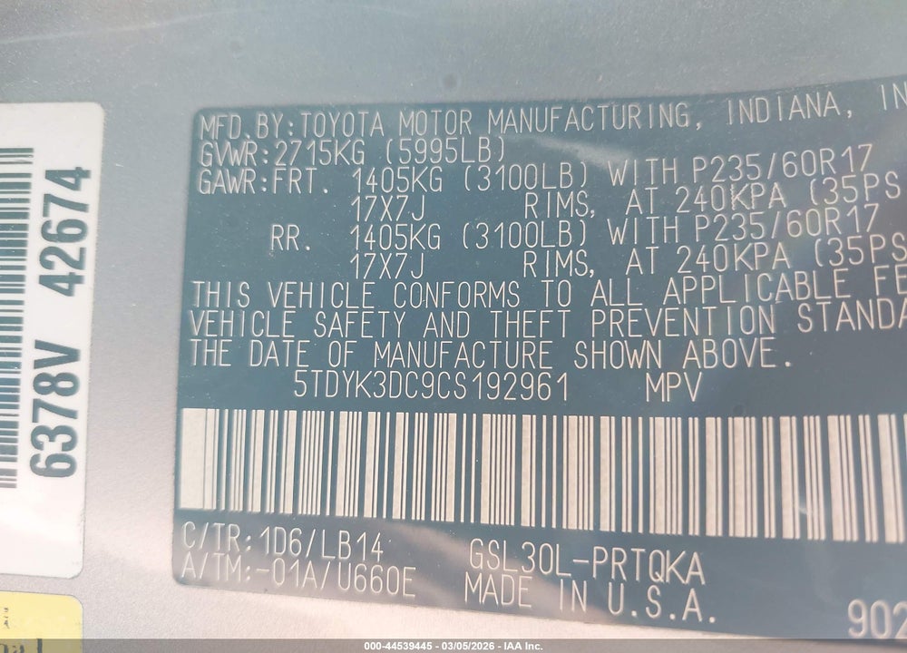 2012 TOYOTA SIENNA XLE V6 8 PASSENGER VIN: 5TDYK3DC9CS192961