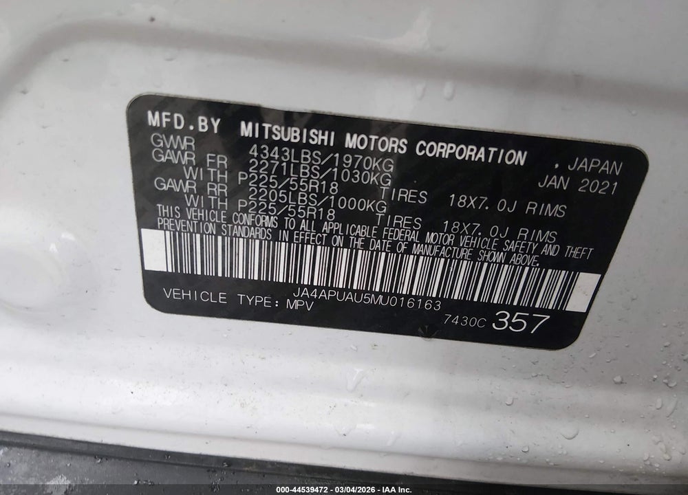 2021 MITSUBISHI OUTLANDER SPORT 2.0 BE 2WD/2.0 ES 2WD/2.0 LE 2WD/2.0 S 2WD VIN: JA4APUAU5MU016163