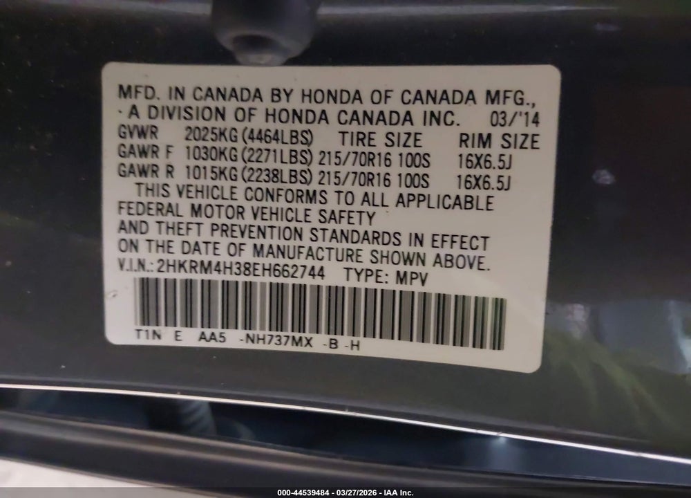 2014 HONDA CR-V LX VIN: 2HKRM4H38EH662744