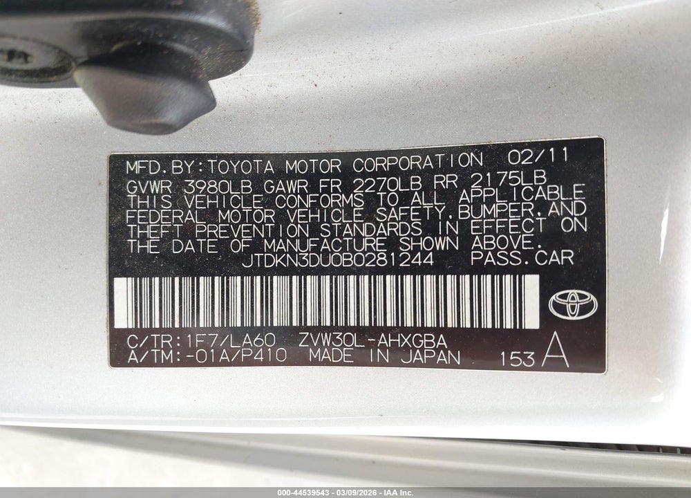 2011 TOYOTA PRIUS FIVE VIN: JTDKN3DU0B0281244