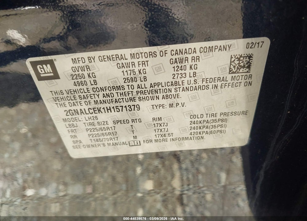 2017 CHEVROLET EQUINOX LT VIN: 2GNALCEK1H1571379