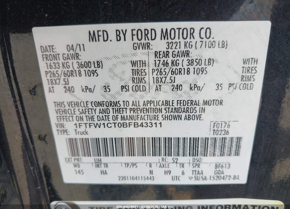 2011 FORD F-150 LARIAT VIN: 1FTFW1CT0BFB43311