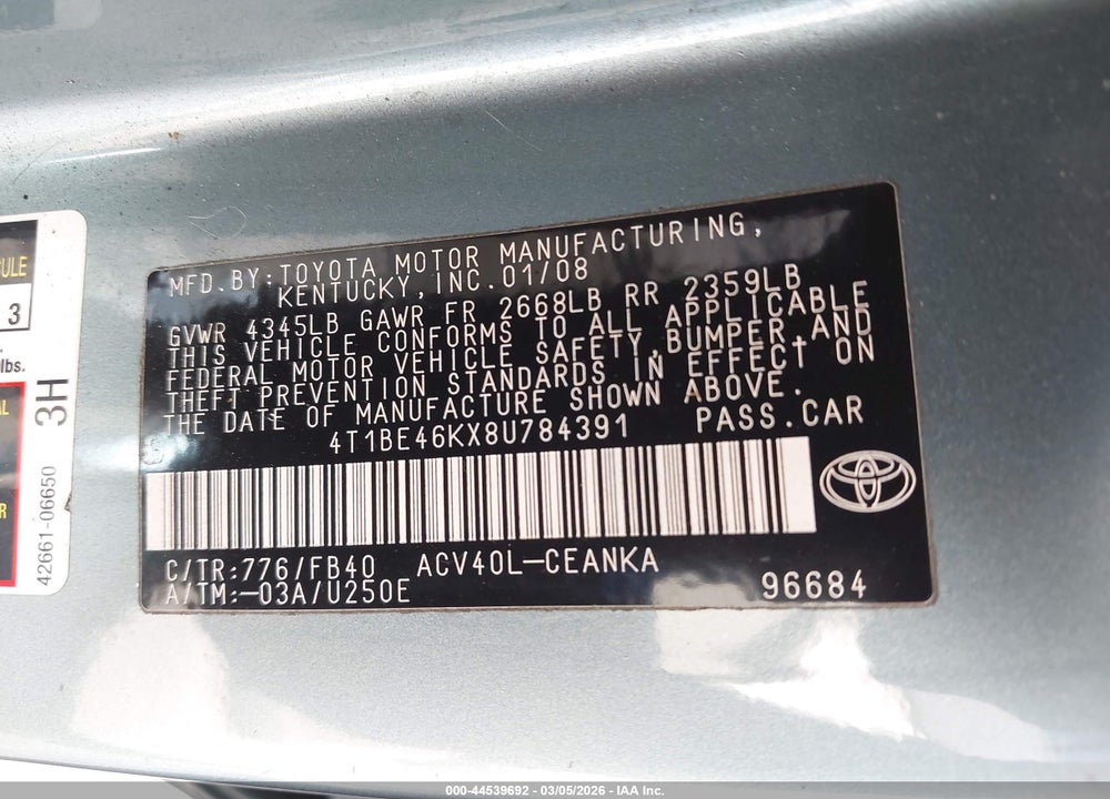 2008 TOYOTA CAMRY LE VIN: 4T1BE46KX8U784391