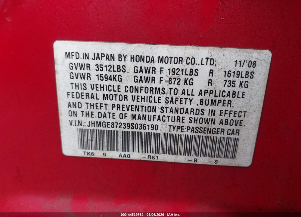 2009 HONDA FIT VIN: JHMGE87239S036190