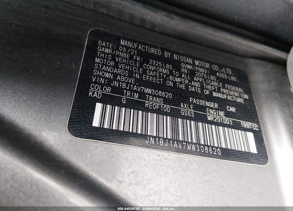 2021 NISSAN ROGUE SPORT S FWD XTRONIC CVT VIN: JN1BJ1AV7MW308620