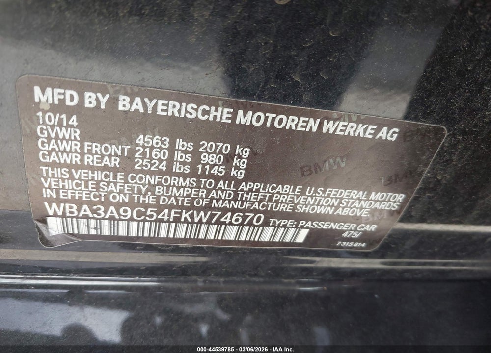 2015 BMW 335I VIN: WBA3A9C54FKW74670
