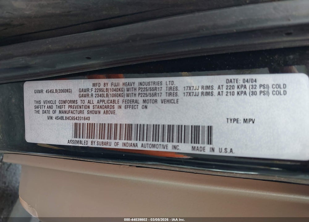 2005 SUBARU OUTBACK 3.0R VIN: 4S4BL84C654201643