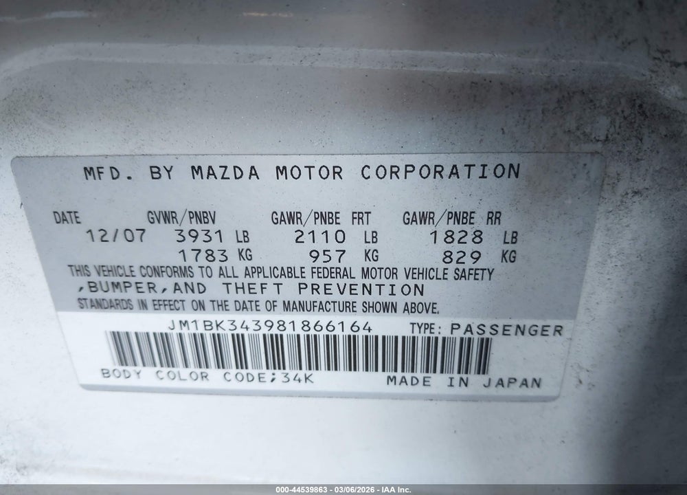 2008 MAZDA 3 S SPORT VIN: JM1BK343981866164
