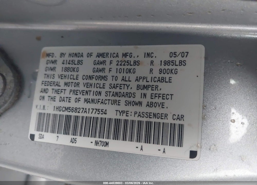 2007 HONDA ACCORD 2.4 EX VIN: 1HGCM56827A177554