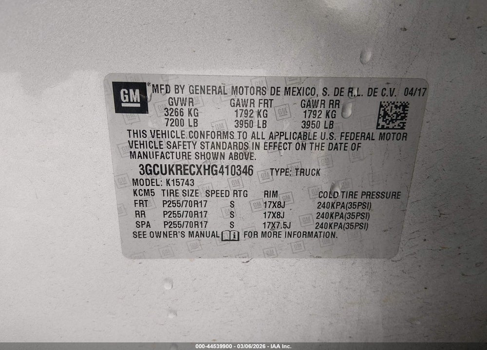 2017 CHEVROLET SILVERADO 1500 1LT VIN: 3GCUKRECXHG410346