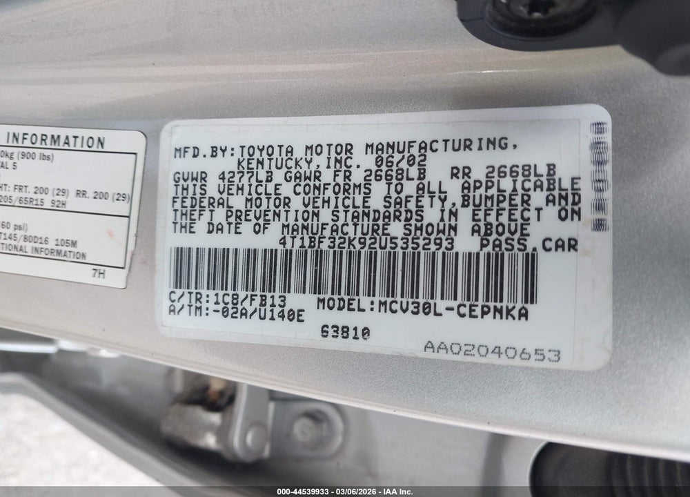 2002 TOYOTA CAMRY LE V6 VIN: 4T1BF32K92U535293